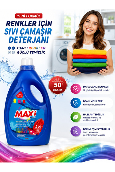 MAXİ Sıvı Çamaşır Deterjanı Renkliler İçin 3 L – Makine Yıkama ve Çamaşır Bakımı