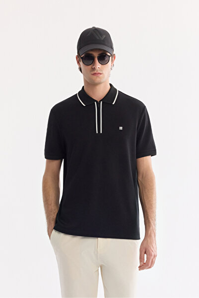 Avva Men's Black Non-Curling Polo Collar Zippered Bi-Stretch Interlock Regula...