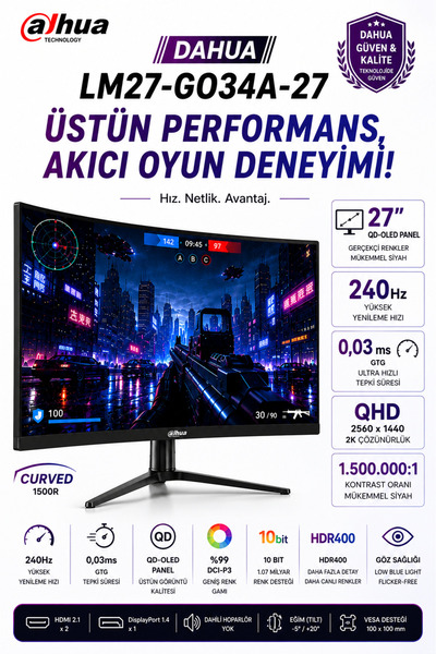DAHUA LM27-GO34A 27″ 240Hz 0.03ms 2K QD-OLED HDR400 QHD Gaming (Oyuncu) Monitör