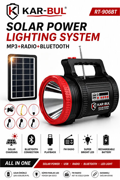 kar-bul Rt-908 Solar Güneş Panelli Powerbank Mp3 Radyo Bluetooth Işıldak El F...