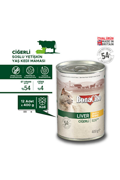 BonaCibo Soslu Ciğerli Yaş Kedi Maması, 400 Gr X 12 Adet