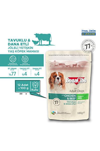BonaCibo Jöleli Tavuklu Dana Etli Pouch Yaş Köpek Maması, 100 Gr x 12 Adet