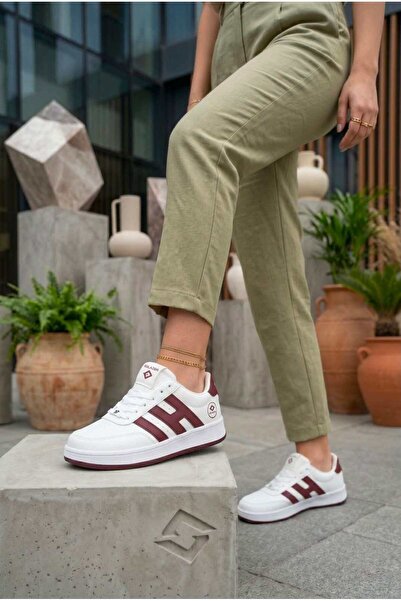 SOLAZER Kadın Beyaz Bordo Sneaker Günlük Yürüyüş Spor Ayakkabı 037