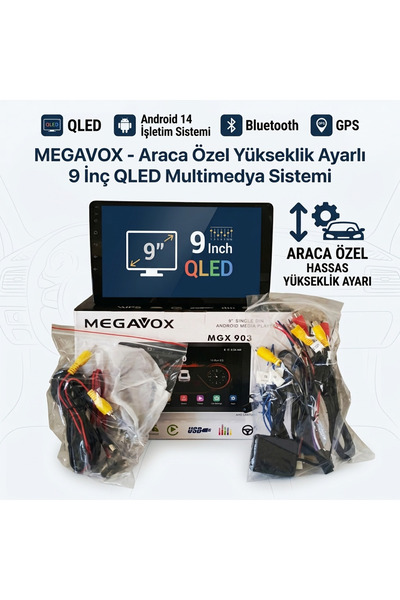megavox MGX-903 9İnç QLED Multimedya Android 14.0 2x32GB Bluetooth, CarPlay/A...
