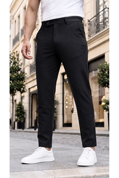 Gussi Men's Black Color Quality Flexible Lycra Slim Fit Fabric Trousers