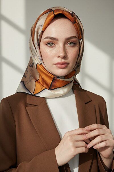 Vissona %100 Twill İpek Mermer Desenli Taba - Bej Renkli 90x90 Eşarp Dikim Şe...