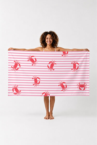 ASDİVA Striped Crab Patterned Beach Towel - Pink - 75X150 cm