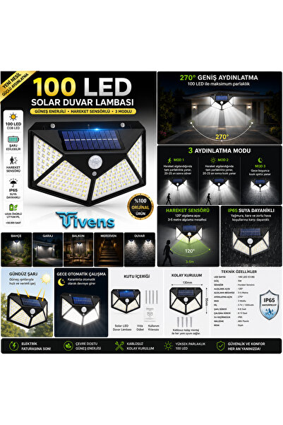 TİVENS 100 LED Solar Duvar Lambası Güneş Enerjili Hareket Sensörlü 3 Modlu IP...