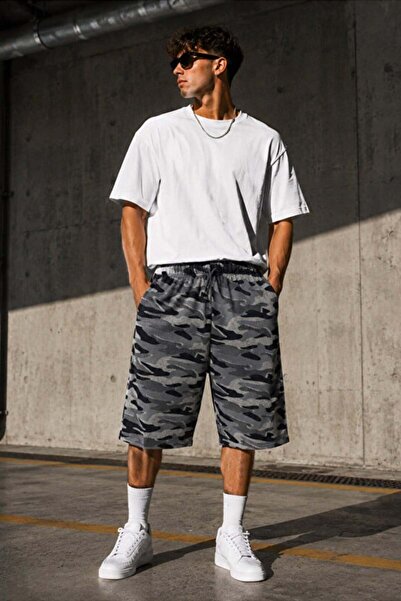 technomonkey Men's Gray Camouflage Patterned Long Shorts 100% Cotton Elastic ...