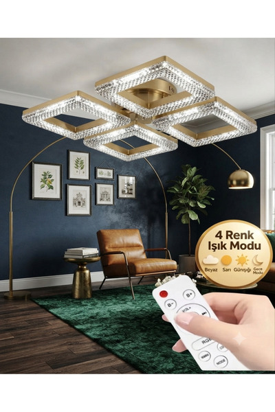 Lüxev Lighting Kare Model Gold 4"lü Ledli 3 Renk Modu Kristal Salon Mutfak Ya...