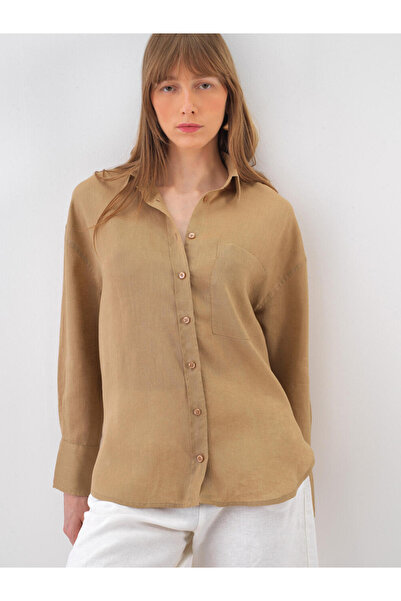 Xint Kadın Camel %100 Keten Oversize Gömlek