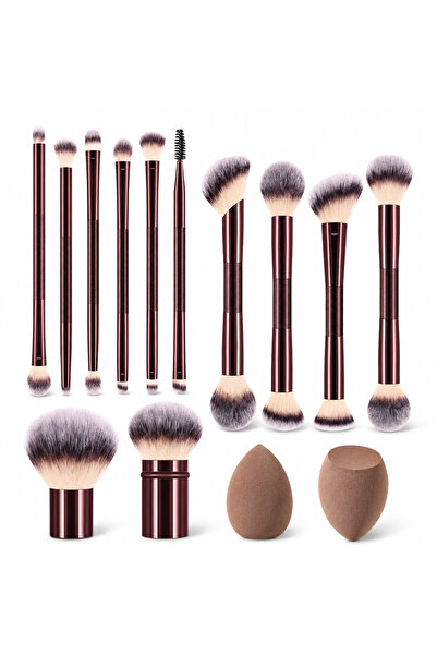 Arabest 12Pcs Double Ended Makeup Brush Set with 2 Beauty Sponges, Dark Burgu...