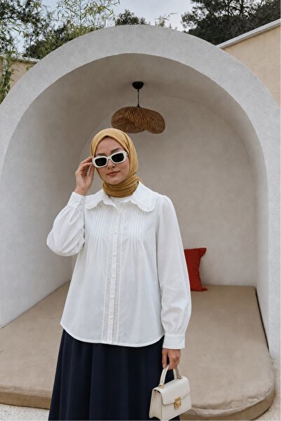 Lunfia Fisto Detaylı Plise Poplin Bluz - Beyaz