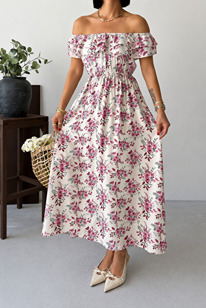 İLKCET MODA Viscose Fabric Madonna Collar Women's Long Dress