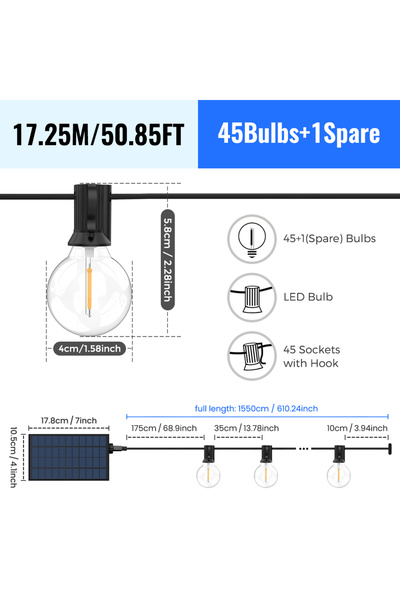 Choice 17.25m 45 bulbs Solar String Outdoor G40 Patio Lights & Remote, USB Re...