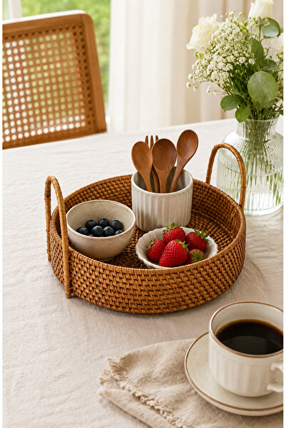 ipekbambuhome El Örgüsü Doğal Rattan Kulplu Yuvarlak Ekmek Sepeti 20 cm Hasır...