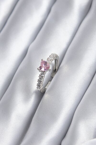 Inure Jewelry Silver Color Zircon Stone Pink Crystal Heart Model Women's Ring