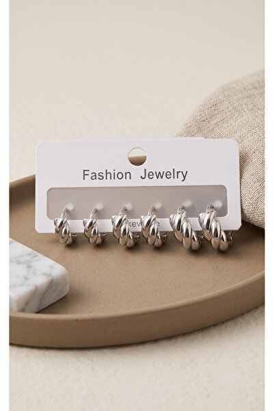 Inure Jewelry Brass Silver Color Minimal Serrated Earring Set