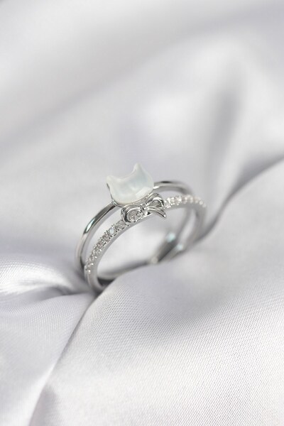 Inure Jewelry Silver Color Pearlescent Cat Model Bowknot Zircon Stone Women's...