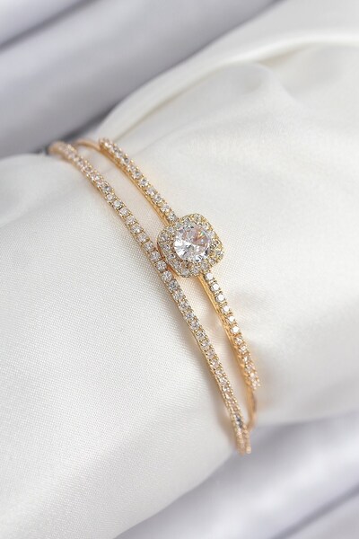 Inure Jewelry Brass Zircon Stone Baguette Model Gold Color Women's Bracelet