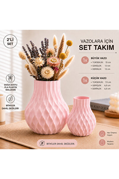 Basart Dekoratif 2'li Vazo Seti | 3D Baskı PLA Modern Tasarım Çiçeklik | Büyü...