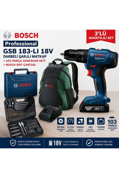 Bosch Pro GSB 183 Tek Akülü 2 Ah Darbeli Matkap Şarjlı + V-Line 103 Parça+Sır...