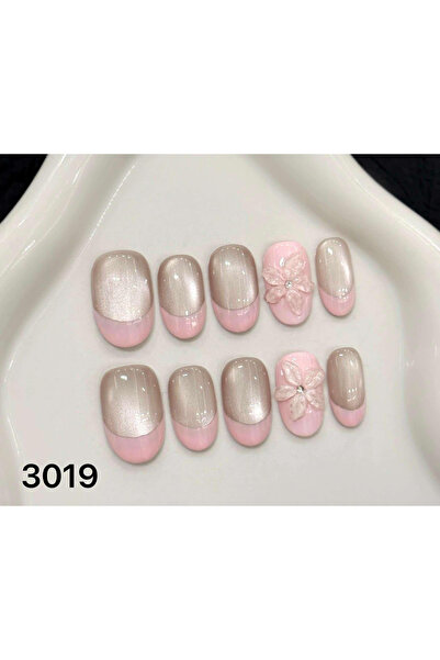 LoreaNails Şampanya Sedefli Pembe Çiçekli Oval El Yapımı Takma Tırnak S