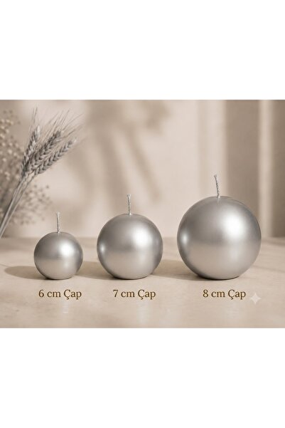 3'Lü Gümüş Dokulu Küre Mum Seti 6cmx7cmx8cm Yuvarlak Mum