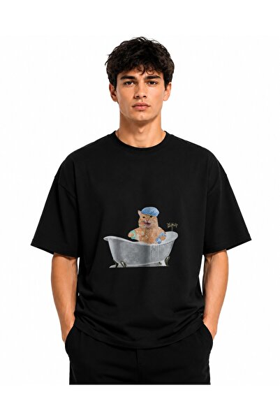 Inscriptie Unisex Premium Cotton Casual T-Shirt "Cat in the Bathtub"