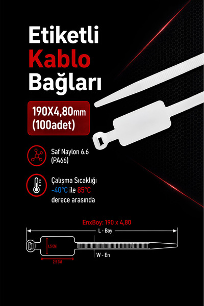 Nexo Etiketli Kablo Bağı (190X4,80) Beyaz 100'lü Paket