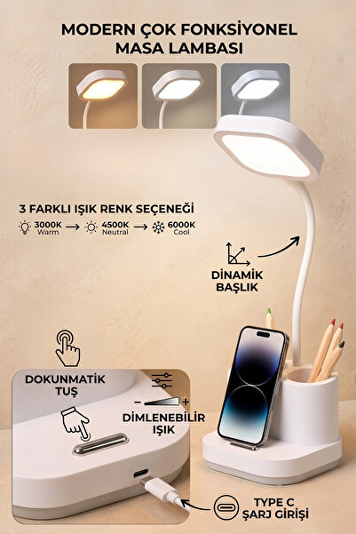 ZNEEL Şarjlı Masa Lambası 3 Renk Dokunmatik Telefon Standlı Kademeli Okuma Iş...