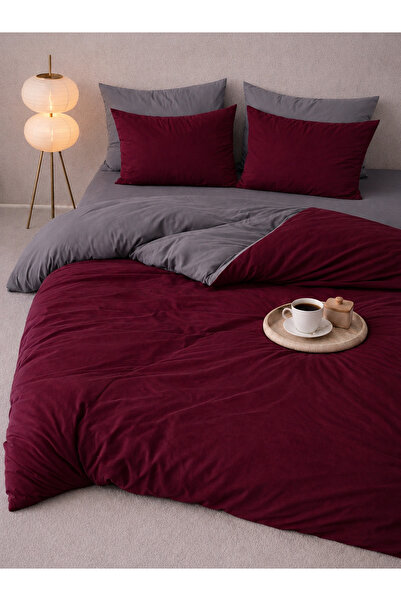 ROSERA HOME Double Elastic Sheet Duvet Cover Set Cotton Burgundy-Grey