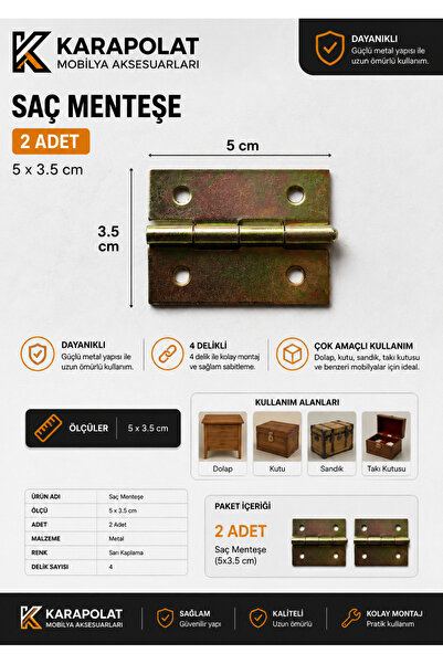 KARAPOLAT Galvanizli Sac Yaprak Menteşe 3.5x5 cm 2 Adet | Kapı ve Dolap Mente...