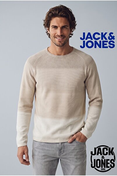 Jack & Jones سترة تريكو رجالية بأكمام راجلان من JJEHILL بلون البيج الكريمي
