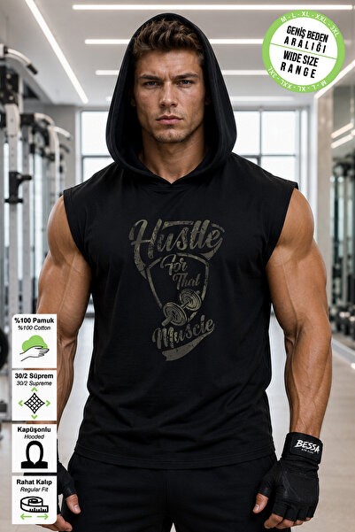 BESSA Erkek Baskılı Siyah Kapüşonlu Pamuklu Atlet Kolsuz Sporcu Tshirt