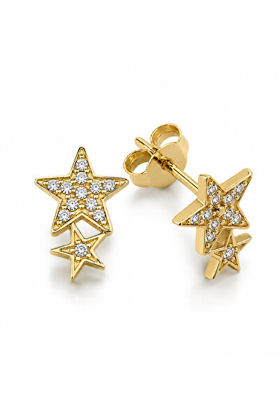 KAIROS JEWELRY 14 Ayar Altın İkili Yıldız Taşlı Çivi Küpe