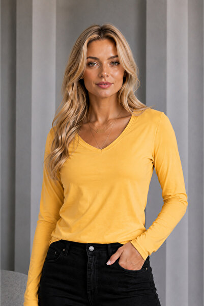 BALİNS Women's Single Jersey Long Sleeve V-Neck T-Shirt