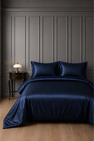 remtex 100% Cotton Navy Blue Satin (83 Thread-125 Gsm) Double Duvet Cover Set...