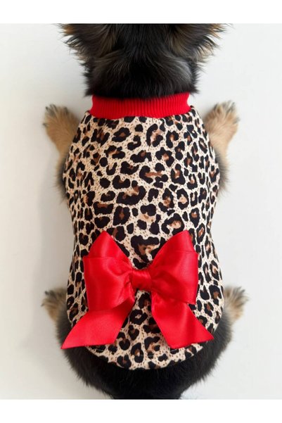 For a Fur Leopard Print Cat Dog T-Shirt with Red Bow and Red Ribbed Detail