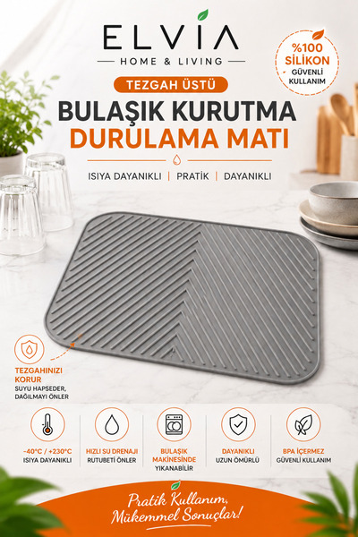 ELVIA SİLİKON TEZGAH ÜSTÜ BULAŞIK KURUTMA,DURULAMA MATI, ISIYA DAYANILI %100 ...