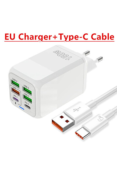 Choice شاحن حائط أبيض من الاتحاد الأوروبي وكابل 150 وات و6 منافذ USB وشاحن سر...