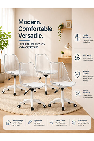 Taimi Set of 4-Adjustable Swivel 360° Armless Desk Chair, wheels, transparent...