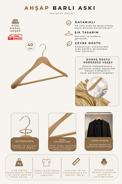 NYN Wooden M-023B Barli Suit, Jacket, Coat Hanger Women 40cm 1 Piece