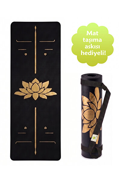 Yogatime Rubber Yoga Mat Golden Line 5mm – Lotus Siyah - Hizalama Çizgili Kay...
