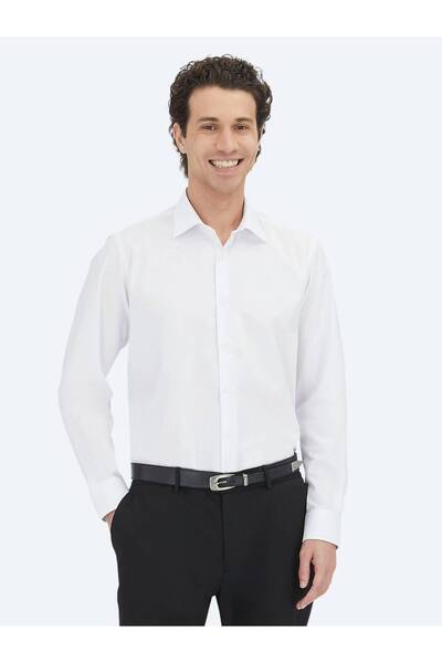 Kip White Regular Fit Long Woven Classic Cotton Blend Shirt
