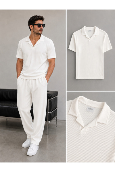 WENMİNG Men's Corded Fabric Ottoman Fabric Polo Collar T-Shirt Pants Bottom T...