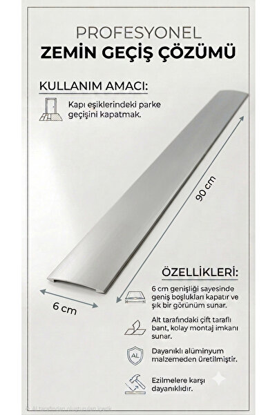Zirve Alüminyum Alüminyum 6 cm Kapı Eşik Profili 90 cm'ye Kadar Özel Ölçü Par...