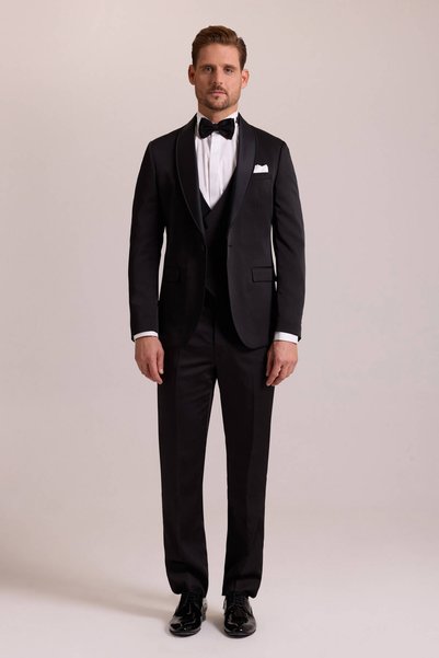 Ysf Erkek Siyah Şal Yaka Yelekli Slim Fit Damatlık