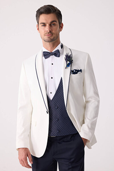 Ysf Erkek Krem Slim Fit Mono Yaka Yelekli Damatlık