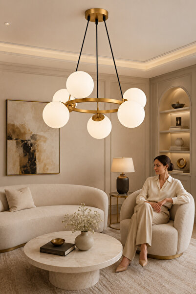 ESSLİGHT Kayra 6’lı Eskitme Beyaz Camlı Modern Salon Mutfak Yatak Odası Avizesi